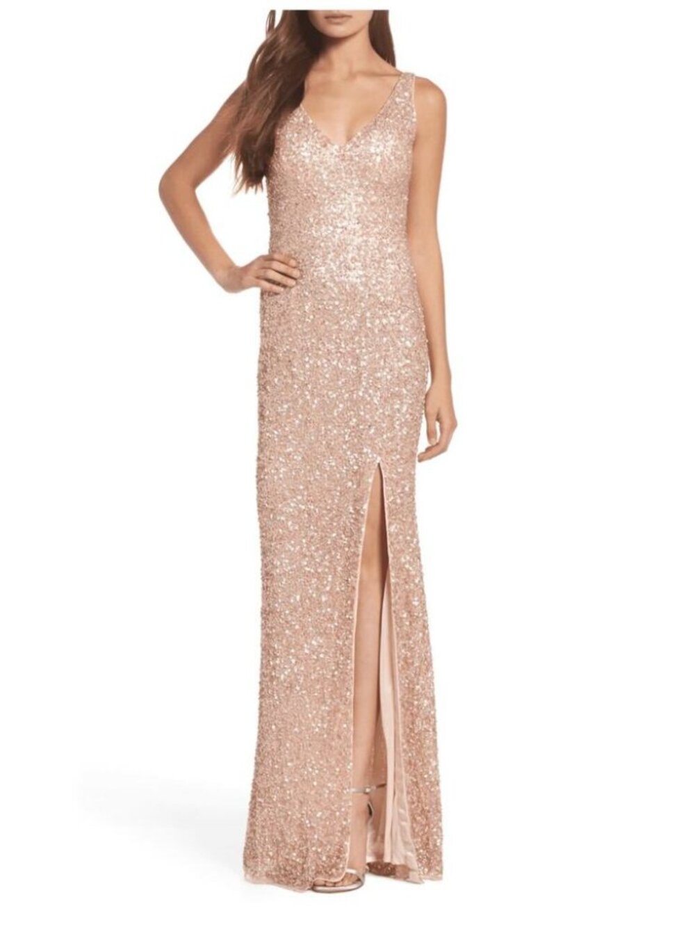 MAC DUGGAL Rose Gold Sequin Beaded Embellish V-Neck High Slit Gown 14